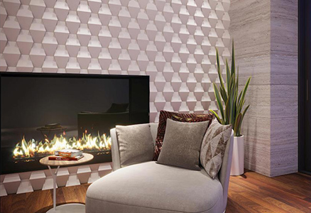 Wohnzimmer mit Betonfliesen, dreidimensionalen Wandfliesen in Grau von BK